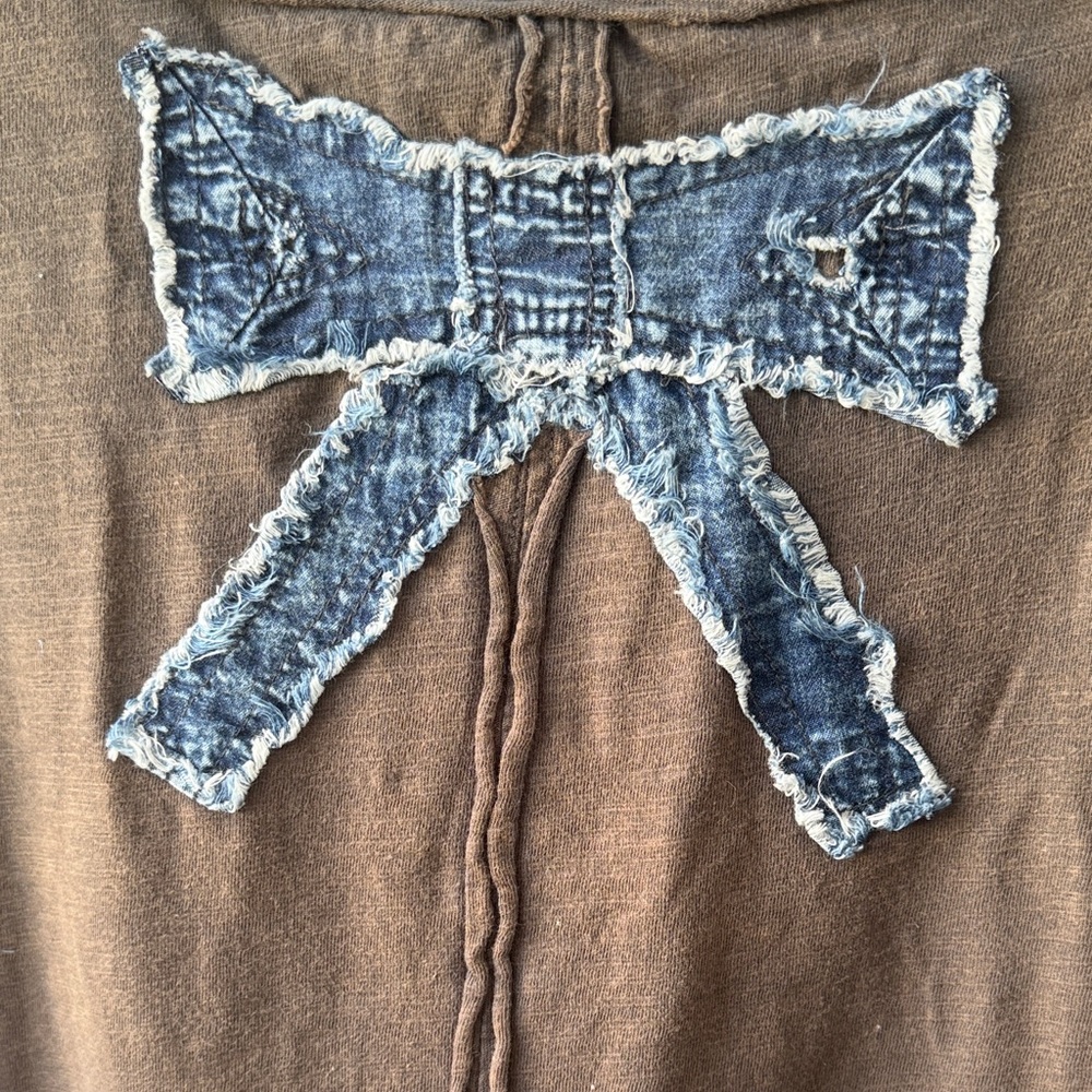Blue Velvet XL Brown Long Sleeve Top with Distressed Denim Bow Detail w/ pockets - Picture 5 of 10